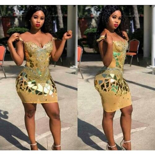 Sparkly Silver Gold Mirrors Mesh Dress Women Birthday Rhinestones Sexy Costume Prom Celebrate Stretch Dresses Evening Outfit