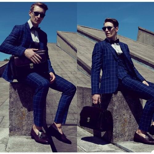 Classic Plaid Mens Pants Suits Check Two Button Groom Best Man Coat Business Wedding Blazer Tuxedos Custom Made 3 Pieces