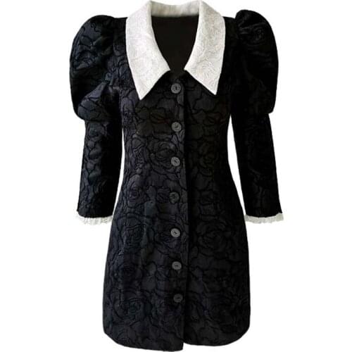 PERHAPS U Black Turn Down Collar Floral Pattern Single-breasted Puff Long Sleeve Empire Mini A-line Dress Spring Vintage D1566