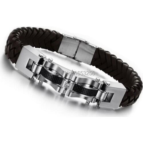 Choose Clour Black / Brown Carbon Fiber Stainless Steel Clasp Men Bracelet Genuine Silicon Weave Bangle Gifts