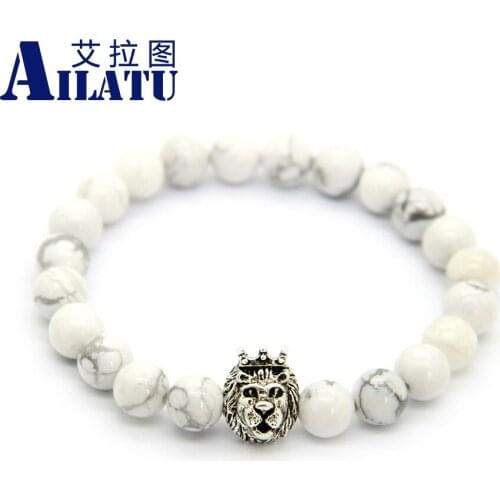Ailatu New Design 8mm Natural White Howlite Beads with Alloy Crown Lion Head Bracelets Mens Gift Jewelry