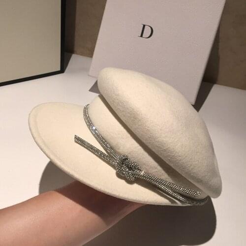 202101-YY autumn winter wool solid Shining diamond Rope luxury leisure lady Octagonal hat women visors cap