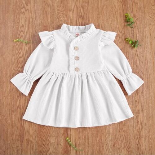 Autumn Newborn infant Baby Dress Fly Sleeve Button Decor Lovely Solid Dresses Fashion Infant Kids Girl Cotton Clothes Outfits