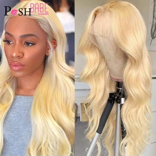 POSH BABE Full Lace Human Hair Wigs Middle Ratio Brazilian Remy Body Wave 28 Inch 613 Blonde Pre Plucked Glueless Full Lace Wigs
