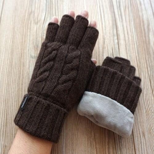 Male Fingerless Plus velvet Warm Gloves Genuine Sheep Wool Mitt Exposed Finger Autumn Knitted Wrist Mittens Driving Gloves Men