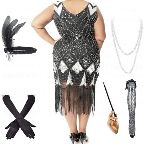 Plus Size Womens Vintage 1920s V Neck Gatsby Theme Party Fringed Sequin Beaded Tassels Hem Flapper Dress