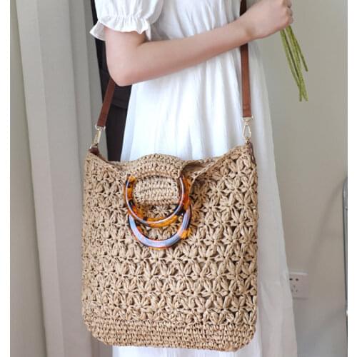 Hand-held paper rope crochet bag shoulder woven bag fashion straw woven bag leisure female bag beach messenger bag