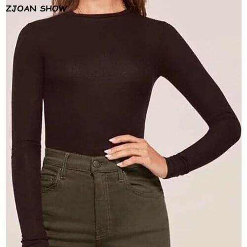 CHIC Vintage Rib Round Collar Long sleeve T-shirt Woman Slim Fit Tight Tee Spring Autumn Retro Base Tops