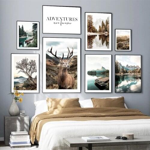 Nordic Forest Tree Deer Animal Canvas Wall Art Print Painting Mountain Lake Boat Landscape Poster Nature Pictures Home Decor