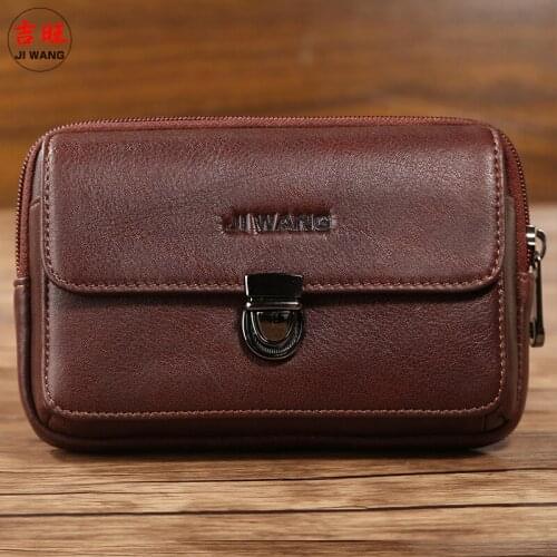 JIWANG New Mens Genuine Leather Cowhide Vintage Belt Pouch Purse Fanny Pack Mini Waist Bag For Cell Mobile/Phone Case Cover Skin