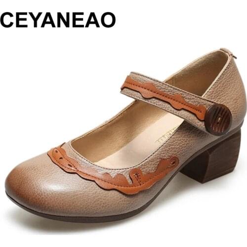 CEYANEAO New Retro Womens Shoes Comfortable Thick Heel Ladies Pumps Genuine Leather High Heels Soft Bottom Handmade Shoes Women