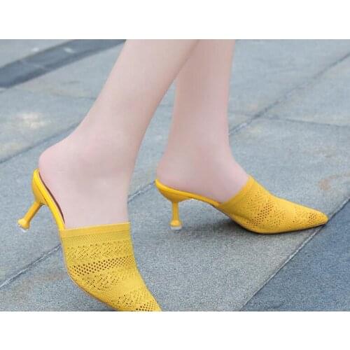 Pointed Toes Woven Knit Fashion Women Half Med Heels Stilettos fashion Loafer Casual Feminine Slippers Slides Sandalias Shoes