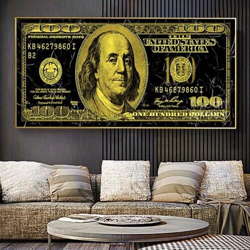 Inspirational Artwork Golden Dollar Canvas Art Posters and Prints US Money Canvas Painting Pictures for Modern Living Room Decor