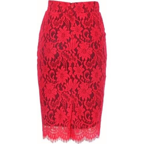 Women Summer Red Lace Pencil Skirt Sexy Party Floral Embroidery Office Ladies High Waist Knee Length Vintage Midi Skirts
