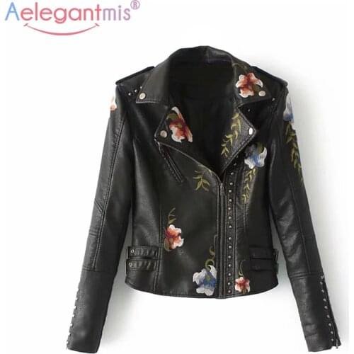 Aelegantmis Autumn Winter Women Floral Embroidery Faux Soft Leather Jacket Black Rivet Pu Leather Biker Jacket Punk Outerwear