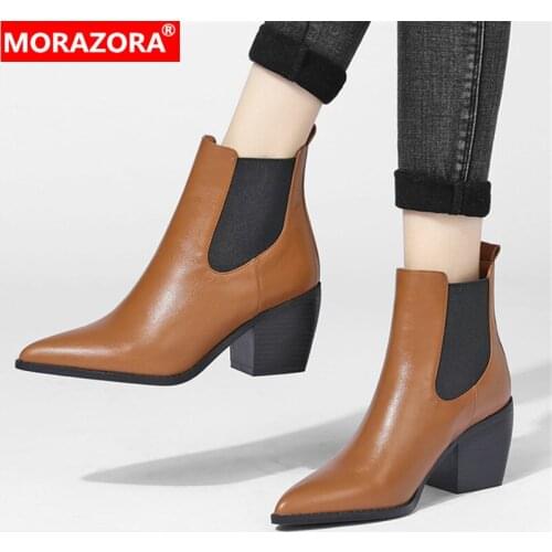 MORAZORA 2022 Plus Size 43 Thick High Heels Ladies Ankle Boots Leopard Pointed Toe Autumn Winter Popular Chelsea Boots Women