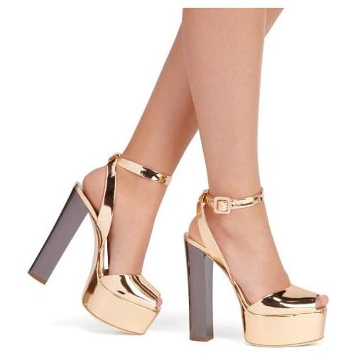 Moraima Snc Woman Metallic Gold Leather Platform Shoes Sexy Peep Toe Ankle Strap Summer Sandals Super High Thick Heels Shoe