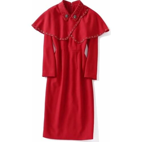 Cape Poncho Dress 2021 Autumn Winter Fashion Party Vestidos Women Turn-down Collar Beading Deco Bodycon Red Black Dress Elegant
