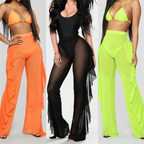 2021 Sexy Women See-through Pants Bikini Cover Up Mesh Ruffle Bottoms Plus Size Loose Long Trousers Beachwear Swimwear Swimsuit