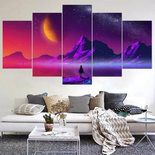 5 Pieces Wall Art Canvas Painting Vaporwave Retro Landscape Poster Home Pictures Living Room Modular Framework Decoration
