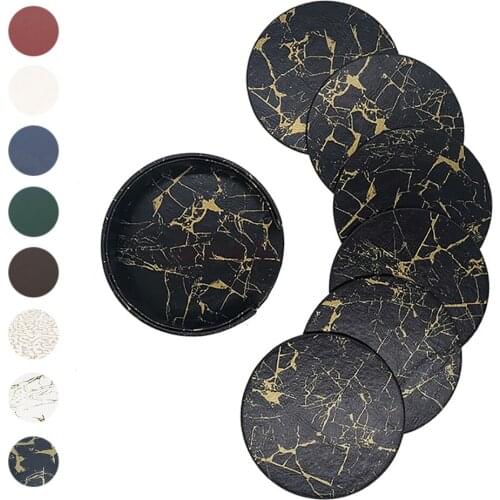 6PCS Hot Sale PU Leather Marble Coaster Drink Coffee Cup Mat Easy To Clean Placemats Round Tea Pad Table Pad Holder
