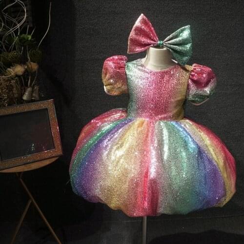 Glitter Colorful Sequined Infant Girls Dresses O Neck Flower Girl Dress Princess First Birthday Gown 9M 12M 24M