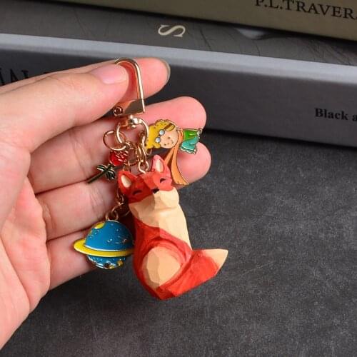 Koteta The Little Prince and The Fox Wooden Figure Animal Keychain Ladies Bags Accessories Key Chains Pendant Gifts for Kids
