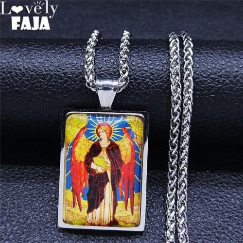 2021 Archangel St.Michael Christian Glass Stainless Steel Chain Necklace Silver Color Geometry Jewelry collier chaine NXS02