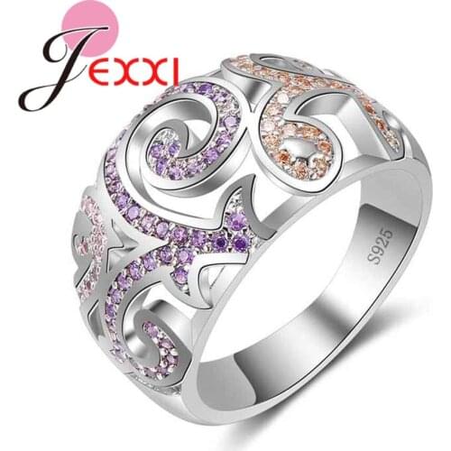 Purple&Champagne Cubic Zirconia Stone Rings 925 Sterling Silver Wedding Rings For Women Men Wide Finger Rings