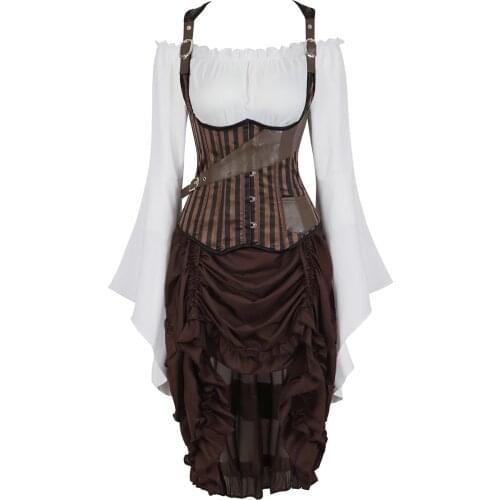 Corset Bustiers with Pirate Skirt and Blouse Tight Lace Vest Striped Korsage Sexy 3 Piece Carnival Party Costumes Steampunk