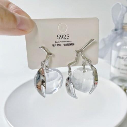 Summer night wind fruit candy series crystal peach stud earrings transparent powder three-dimensional asymmetric earrings