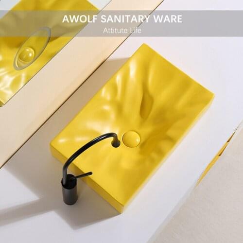 Bathroom Sinks Matte Yellow Ceramic Vessel Above Counted Designer Square Washing Basin Bowl With Drain Soft Hose Modern AM927