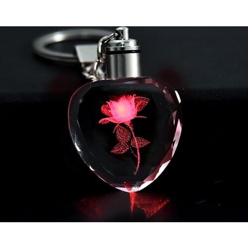 Fashion Rose Flower Keyring Love Heart Crystal Rhinestone LED Light Keychain Luminous Key Chain For Lover Valentines Day Gifts