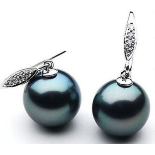 Fashion jewelry Free Shipping charming pai of 10mm Tahitian black green dangle shell pearl earring