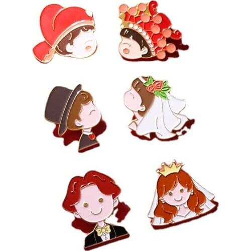 Cartoon Chinese and Western Wedding Enamel Pins Cute Bride and Groom Brooches Bag Lapel Badge Jewelry Gift for Couples Friends