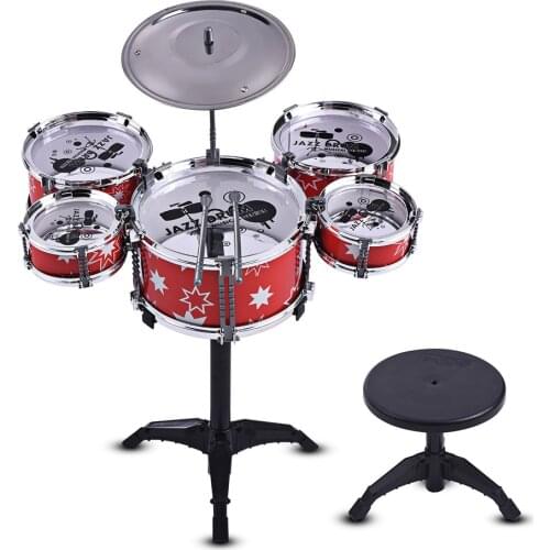 Children Kids Jazz Drum Set Kit Musical Educational Instrument Toy 5 Drums + 1 Cymbal $ Small Stool Drum Sticks for Boys Girls