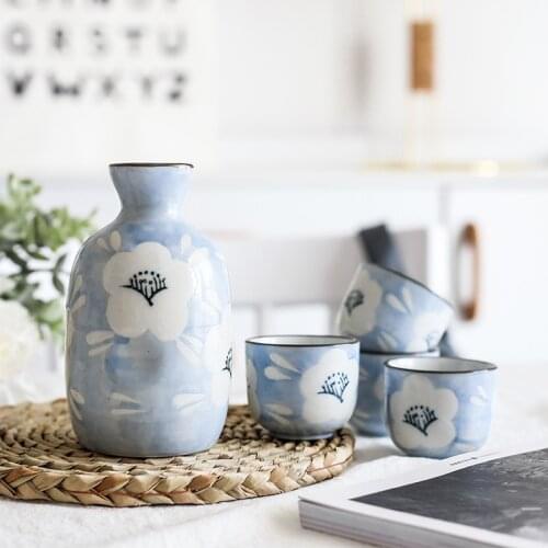 Japanese Style Sake Set Cup Wine Ceramic Drinking Flower Print Sake Set 5 Pcs Blue Shot Glass Copas De Vino Kitchenware EI50BW
