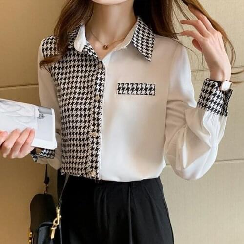 Spring New Korean Vogue plaid shirt stitching houndstooth Korean Vogue loose casual commuter professional womens blouse