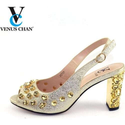 Gold Color Shoes Wedding Sandals High Heels High Quality African Squqre Heels Pumps New Arrival Italian Women Party