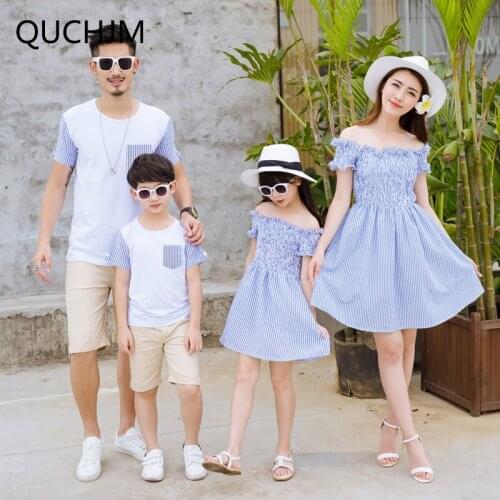 Family Matching Outfits father and son T-shirt mother and daughter dress Short-sleeved T-shirt with a female shoulder Mom dress