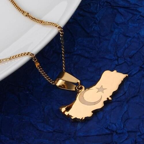 Stainless Steel Turkey Map Pendant Necklace for Women Men Turks Patriotic Trendy Map Chain Jewelry