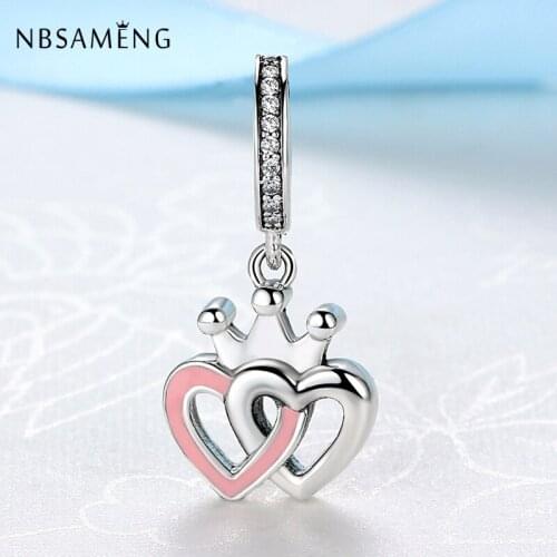 Authentic 925 Sterling Silver Crowned Hearts Hanging Charms Pink Enamel Pendants Fits Bracelets & Bangles DIY Jewelry