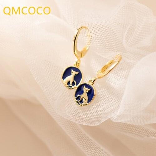 QMCOCO 925 Silver Cat Pattern Earrings Lady Blue Drop Glue Geometric Oval Pendant Trendy Short Earrings For Woman Jewelry Gifts