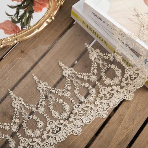 2yards 22cm Width Luxury Gold Embroidered Mesh Lace Trims Fabric High Quality Clothing DIY Craft Wedding Garment Accessories