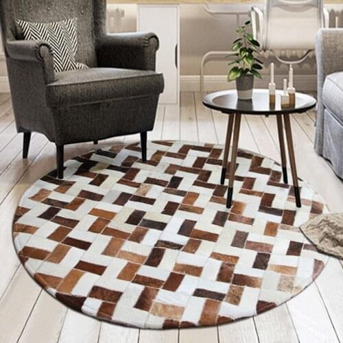 American style brown color cowhide patchwork rug , hand made round shaped real cow leather decoration villa carpet