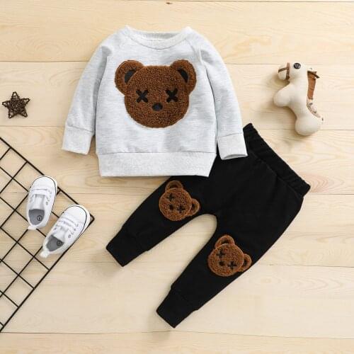Spring Autumn Kids Tracksuit Boys Fluffy Cartoon Bear Long Sleeve Pullover Sweatshirt Pants Casual Outfits Baby Clothes Set