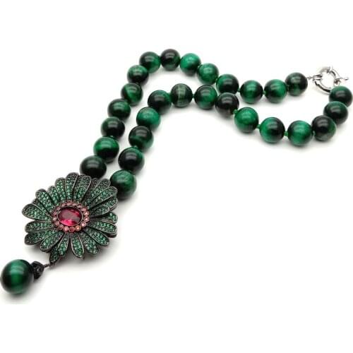 YYGEM 18" Round Green Tiger Eye Cubic Zirconia Pave Flower gunmetal color Connector choker Necklace ethnic for women