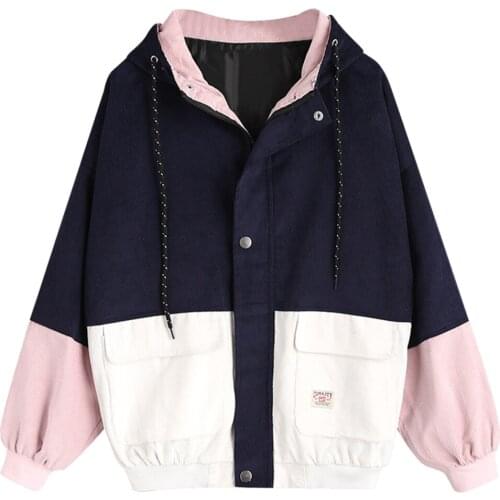 2018 New Winter Warm Color Block Hooded Corduroy Jacket Drawstring Hit Color Patched Pocket Thick Basic Women Coat Harajuku