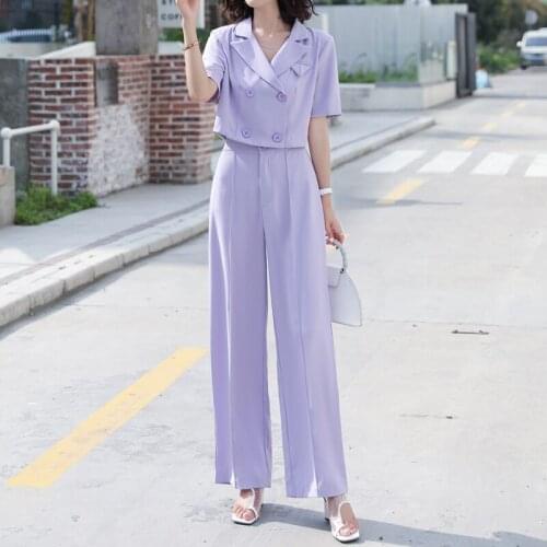 New Summer Chiffon Elegant Double Breasted Short Blazer 2 Pieces Sets Casual Wide Leg Pants Suits Female Chic Office Ladies