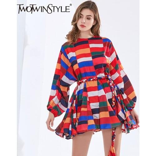 TWOTWINSTYLE Colorful Hit Color Dress For Women Lantern Sleeves High Waist Belt Loose Oversized Dresses Female Spring 2021 New